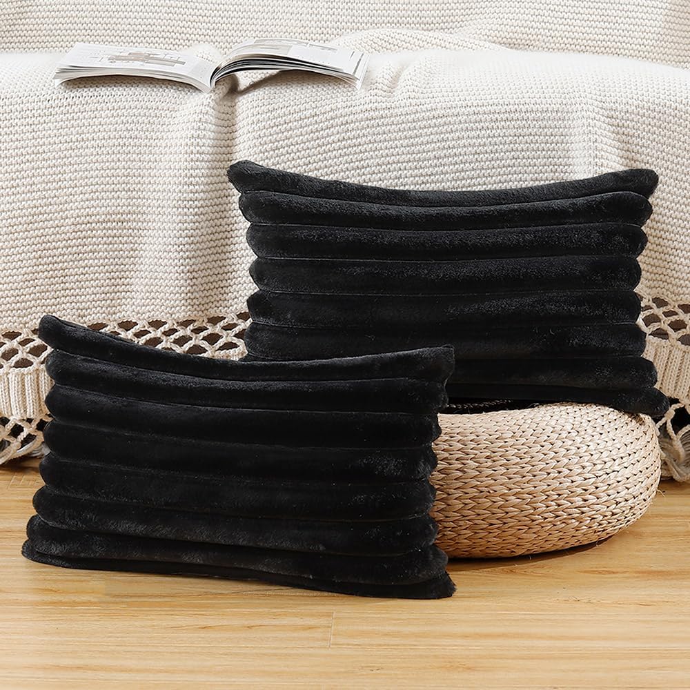 MADIZZ Set of 2 Faux Wool Plush Decorative Throw Pillow Covers 12x20 Inch Black Fluffy Striped Soft Decorative Cushion Cover for Sofa Bedroom Pillow Shell