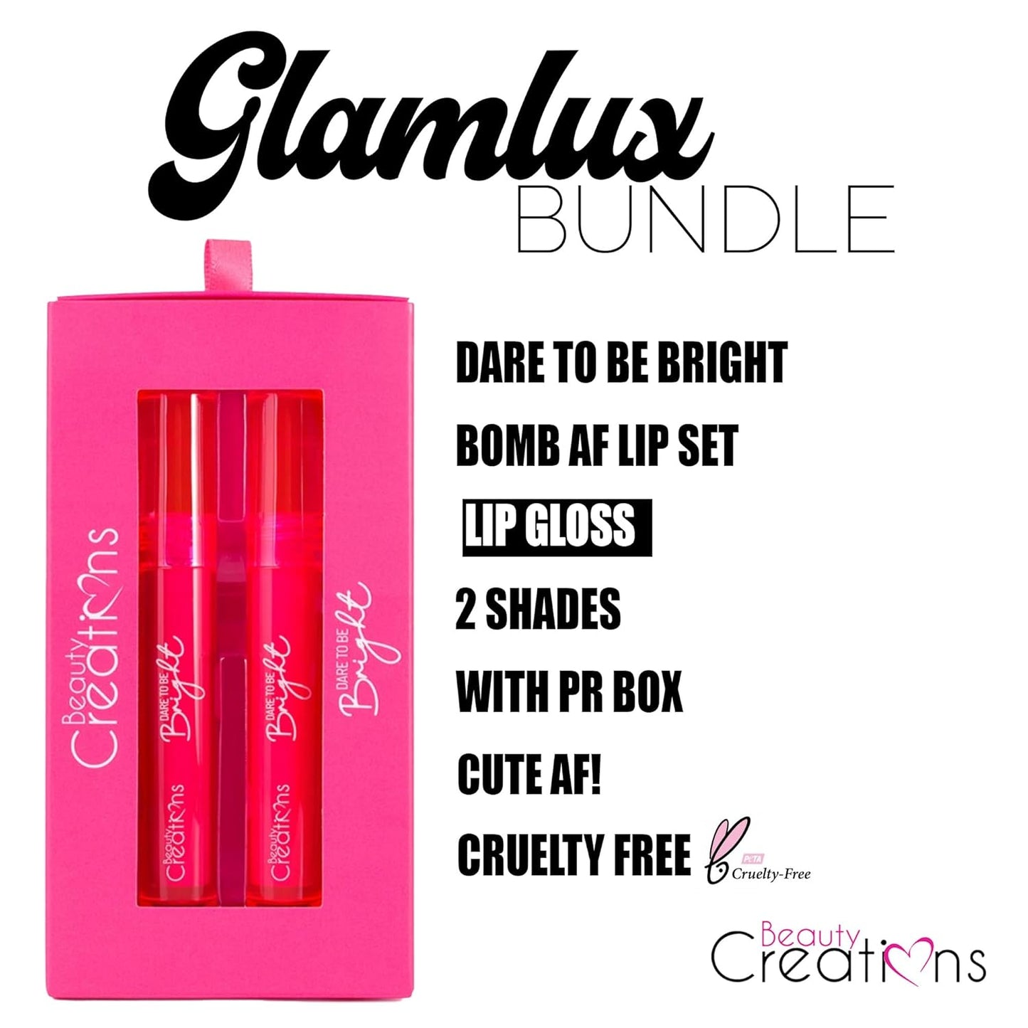 Beauty Bundle Beauty Creations Dare To Be Brights Collection Bomb AF 12 color eyeshadow palette, Lip Set & 15pc Brush Set and Pouch Enclosed in Hot Pink Box