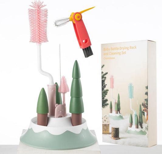 Baby Bottle Drying Rack and Cleaning Set, with Spinning Silicone Baby Bottle Brush, Pacifier Brush, Straw Brush, Cup Lid Cleaning Brush, 2025 Xmas Holiday Surprise Gift for Newmom, Pink