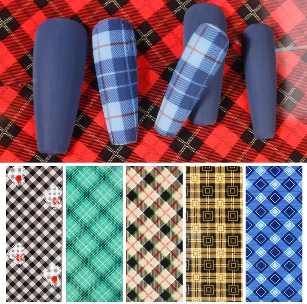10 Colors Buffalo Plaid Nail Art Foils Christmas Nail Transfer Stickers Supplies Buffalo Plaid Design Nail Decal Tips Wraps Adhesive Glitters Acrylic DIY Nail Decoration