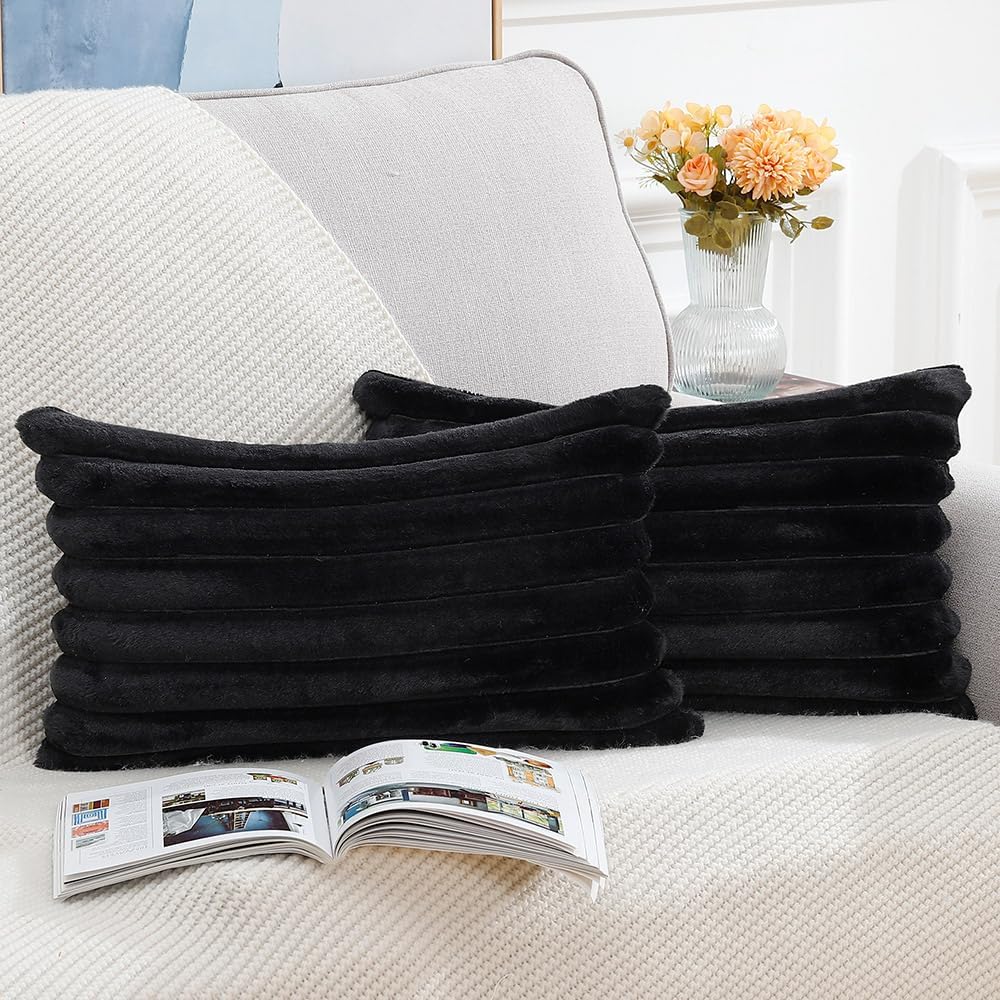 MADIZZ Set of 2 Faux Wool Plush Decorative Throw Pillow Covers 12x20 Inch Black Fluffy Striped Soft Decorative Cushion Cover for Sofa Bedroom Pillow Shell