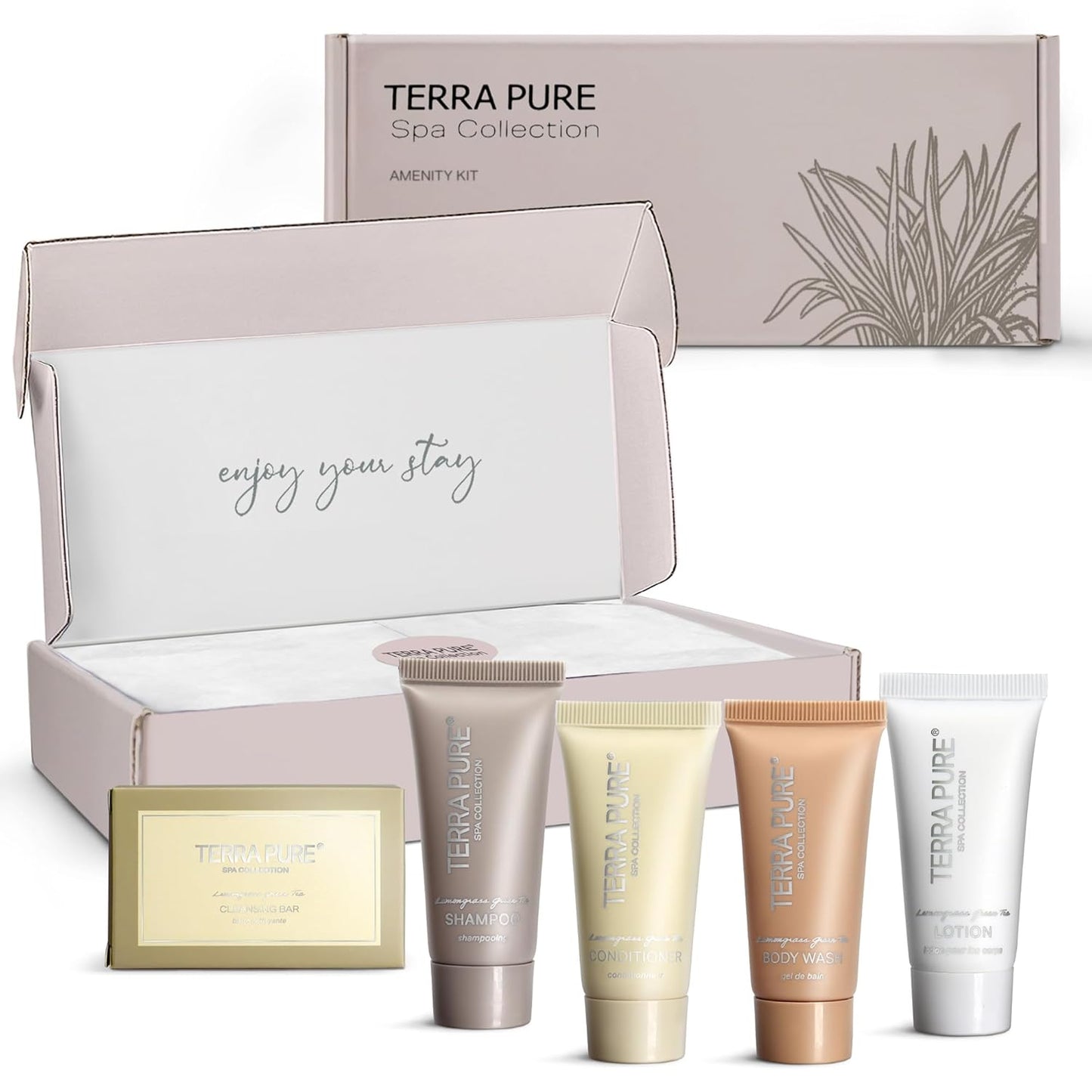 Terra Pure Spa Collection Amenity Kit | Hotel Toiletries | Bulk Set 0.85 oz Travel Size Shampoo,Conditioner, Lotion, Body Wash & Massage Bar for Guest Hospitality AirBnB/Vacation Rentals |1 set/ case