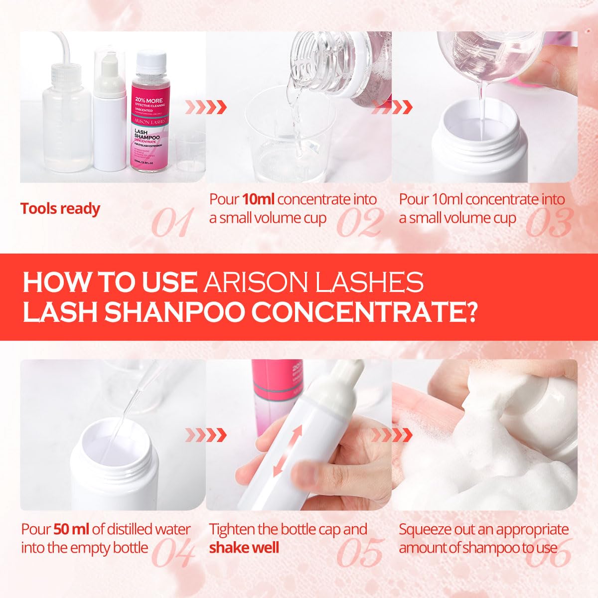 ARISON LASHES Lash Shampoo Concentrate for Lash Extensions 100ML Eyelash Cleanser Concentrate Oil-Free Eyelash Extension Shampoo with Salon Home Care(Peach)