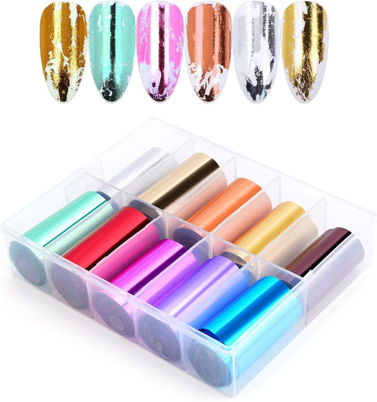 10 Sheets Holographic Nail Art Foil Transfer Stickers - Metallic Color Print Nail Decals 3D Self-Adhesive Stickers DIY Manicure Decoration Kit