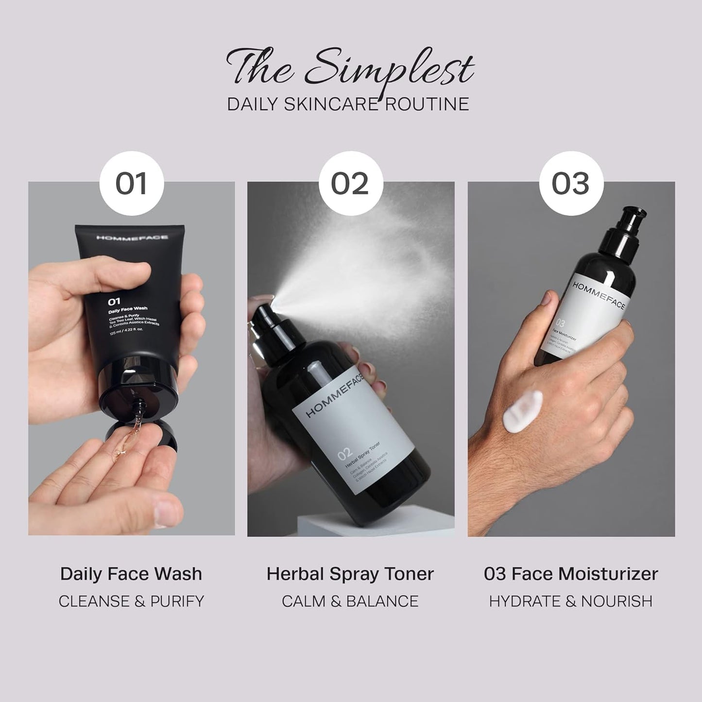 HommeFace Daily Trio Skin Care Set for Men, 3-Step Routine