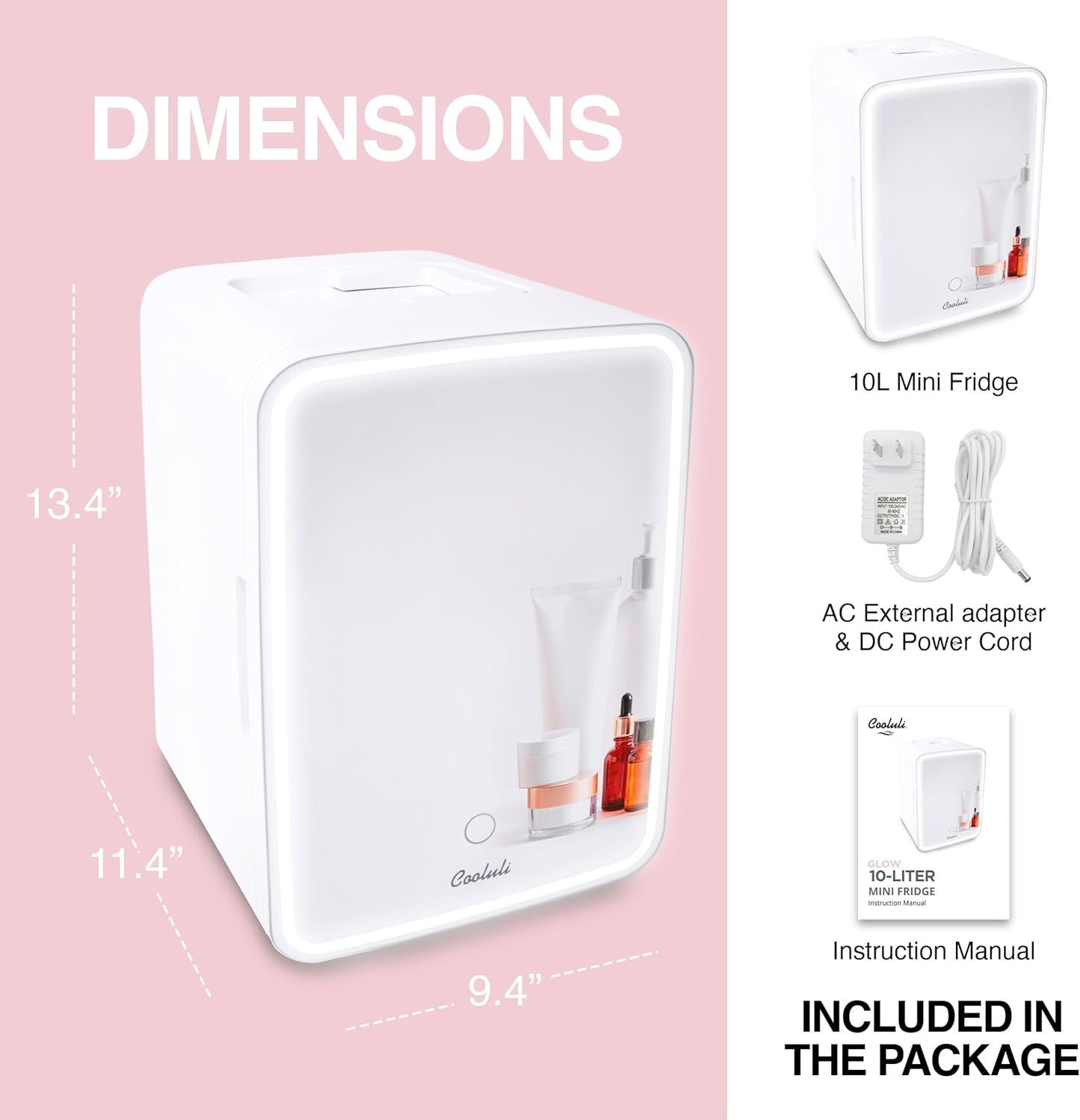 Cooluli Glow 10L Mini Skincare Fridge with Mirror & LED Light - Small Refrigerator for Skin Care, Makeup, Beauty, Cosmetics, Food & Drinks, White