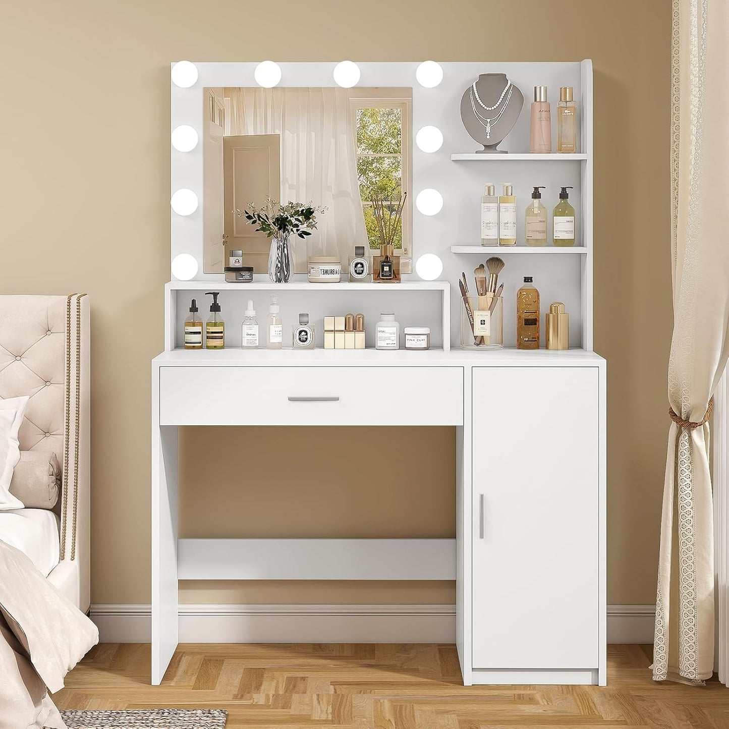 Quimoo Makeup Vanity Desk with Mirror & Lights, Vanity Desk with 5 Drawers & Storage Shelves, Vanity Table, 3 Color Modes & Adjustable Brightness Dressing Table, Bedroom, White