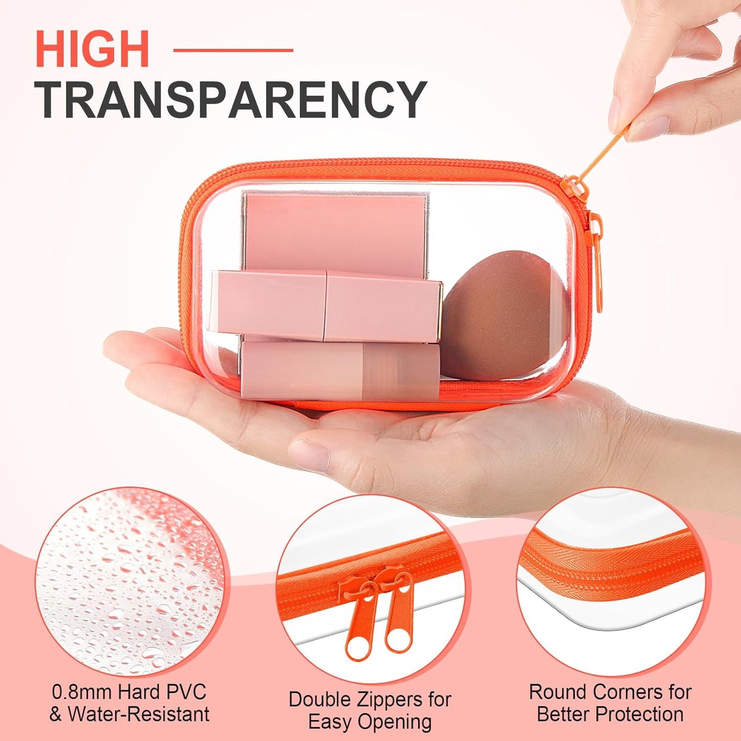 Hoolerry 4 Pcs Hard Clear Zipper Case Makeup Bags Plastic Pencil Pouch Transparent Storage Box Containers for Cosmetics, Snacks, Building Blocks, Puzzles(Fluorescent,5 x 3 x 2 in)