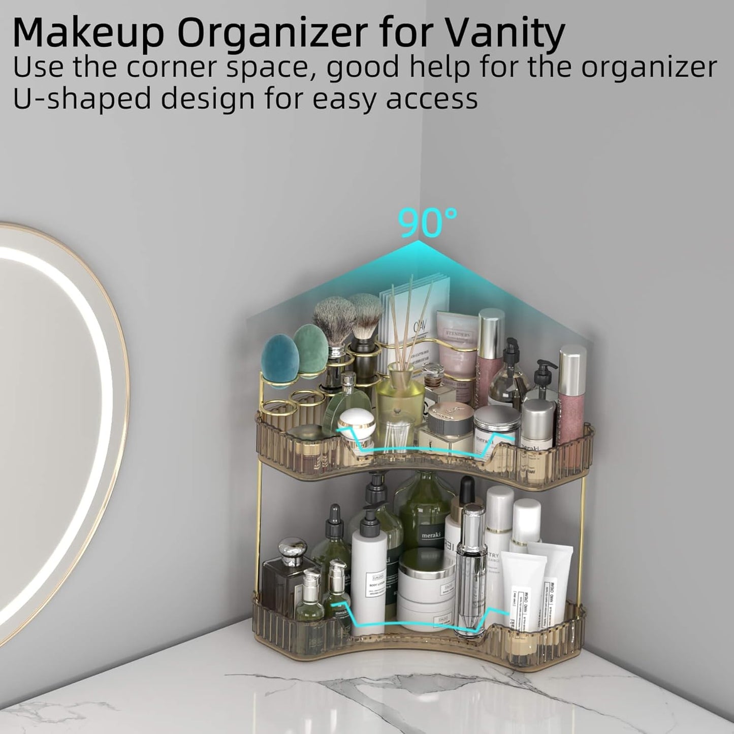 Corner Bathroom Counter Organizer with Top Toothbrush Holders, 2-Tier Make Up Organizers for Vanity with Brush Holder, Corner Storage for Bathroom, Kitchen, Dresser