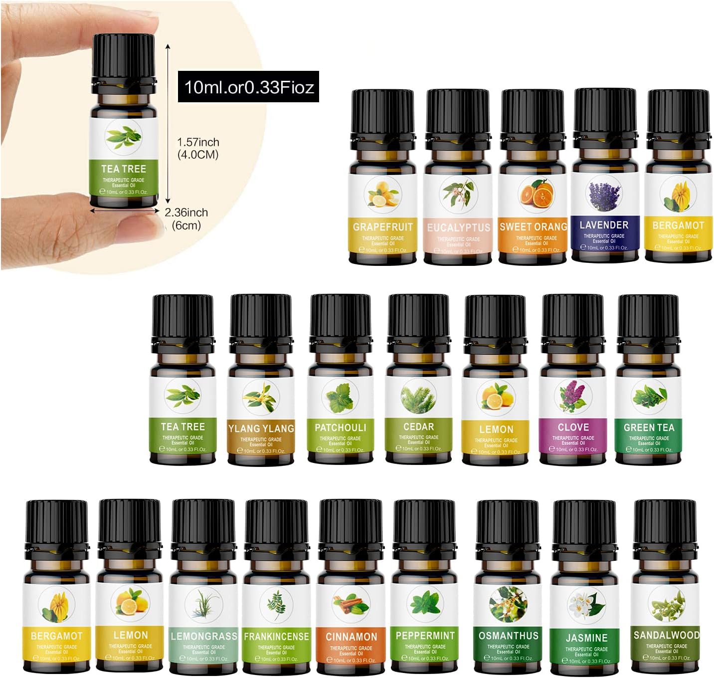 Essential Oils Set of 20x10ml, 100% Organic Essential Oil, Lavender, Ylang Ylang, Tea Tree, Eucalyptus Scented Oil, Essential Oils for Diffusers for Home, Candle Making, Humidifiers (20)