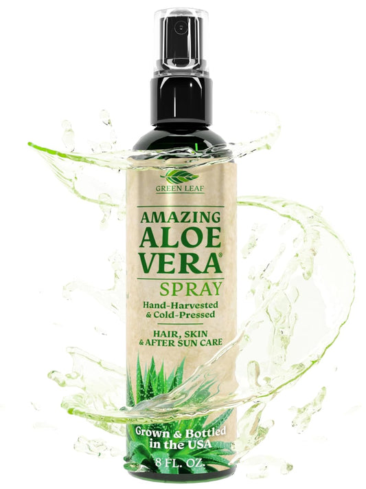 Green Leaf Naturals Aloe Vera Spray | 99% Cold-Pressed Aloe Vera Juice with Vitamin C, E & A | Hair, Skin, Facial Moisturizer, Sunburn Relief & After Sun Lotion 8oz