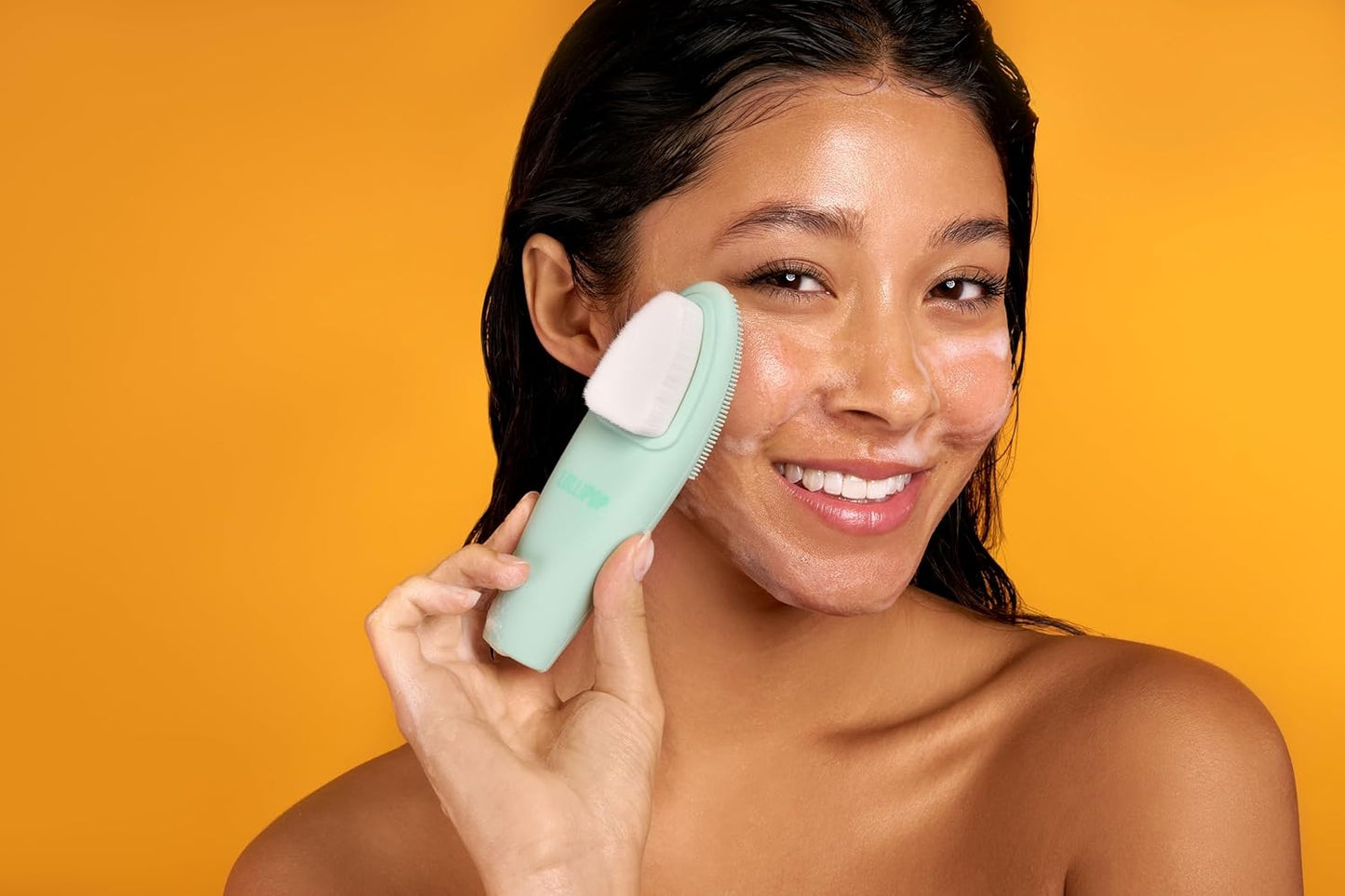 LOLLIPOP Dual-Sided Facial Cleansing Brush | Handle Size Silicone Face Exfoliator and Soft Fiber Cleanser | Manual Face Scrubber for Pores, Makeup Removal, Blackhead and Skincare Routine, Minty