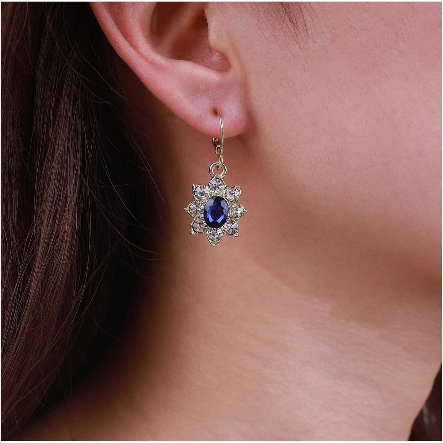 Vintage Crystal Flower Earrings Sapphire Drop Earrings Blue Oval Gem Earrings Gold Rhinestone Huggie Hoop Earrings Jewelry for Women