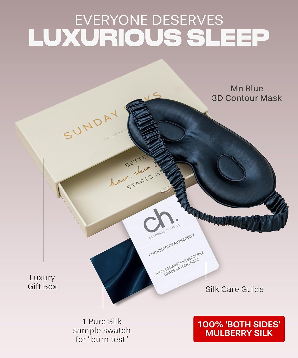 SUNDAYSILKS™ 3D Contoured Silk Sleep Mask | Padded Silk Eye Mask with Eye Cups for Lash Extensions | Blackout, Organic for Women & Men, Perfect for Travel, Slip-Free Deep Sleeping, Antifaz para Dormir