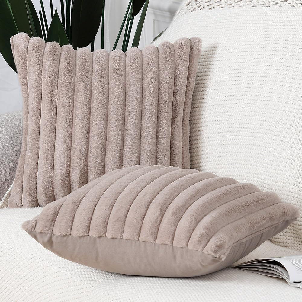 MADIZZ Set of 2 Faux Wool Plush Decorative Throw Pillow Covers 20x20 Inch Taupe Fluffy Striped Soft Decorative Cushion Cover for Sofa Bedroom Pillow Shell