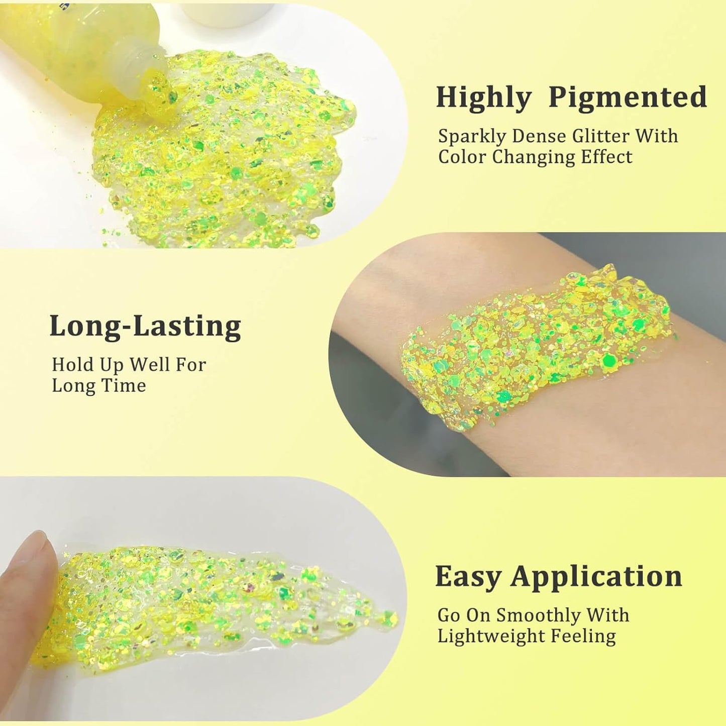 MEICOLY Chameleon Yellow Body Glitter,Chunky Face Glitter for Halloween,Color Changing Mermaid Glitter Face Paint,Holographic Glitter Sequin for Face Body Hair,Festival Party Cheer Glitter Makeup,50ml