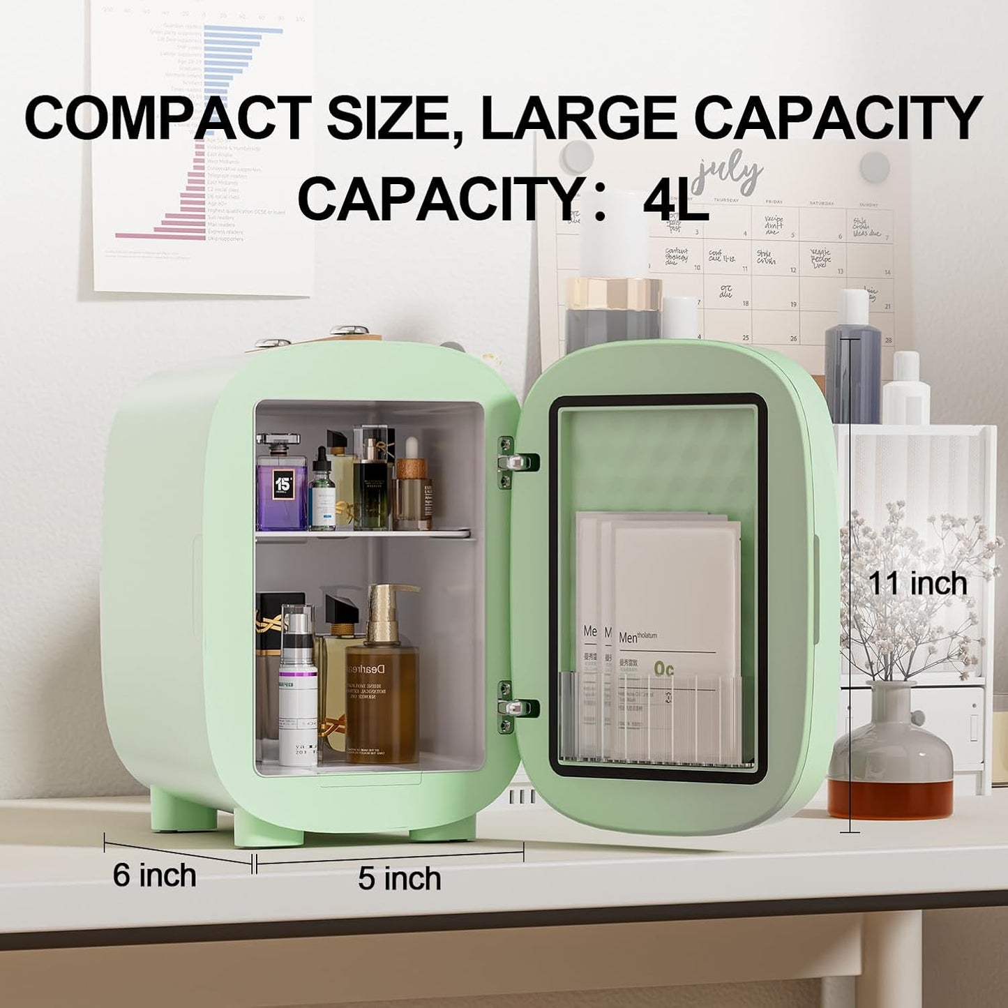 DF01A Skincare Fridge, Mini Fridge for Skincare with 3-Level Dimmable LED Light Mirror, Low Noise 4L Makeup, Cooler & Warmer, Portable Design for Multiple Uses - Bedroom, Office, and Car