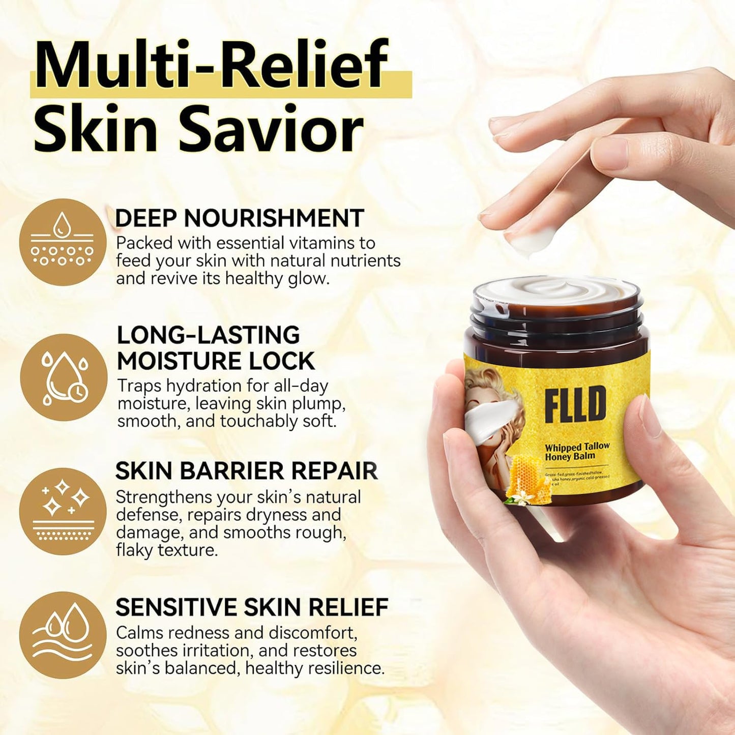 Organic Grass Fed Whipped Tallow and Honey Balm 4oz - Facial Cream, Lip Moisturizer, Body Balm