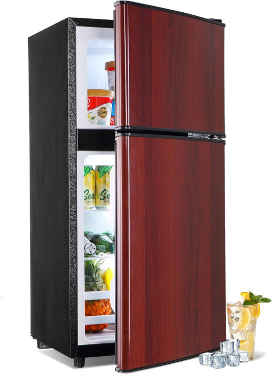 Mini Fridge with Freezer, 3.2 Cu. Ft. Small Fridges with Freezer, Refrigerators Adjustable Thermostat, Apartment Size Refrigerator with Freezers for Office, Apartment, Dorm, Kitchen, Wood