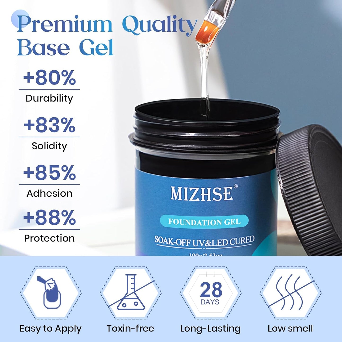 MIZHSE 100ML Base Coat for Gel Nail Polish, Super Large Capacity Base Coat Upgraded Formula Long-Lasting with Brush and Brush Cleaner Soak Off Nail Salon Home DIY