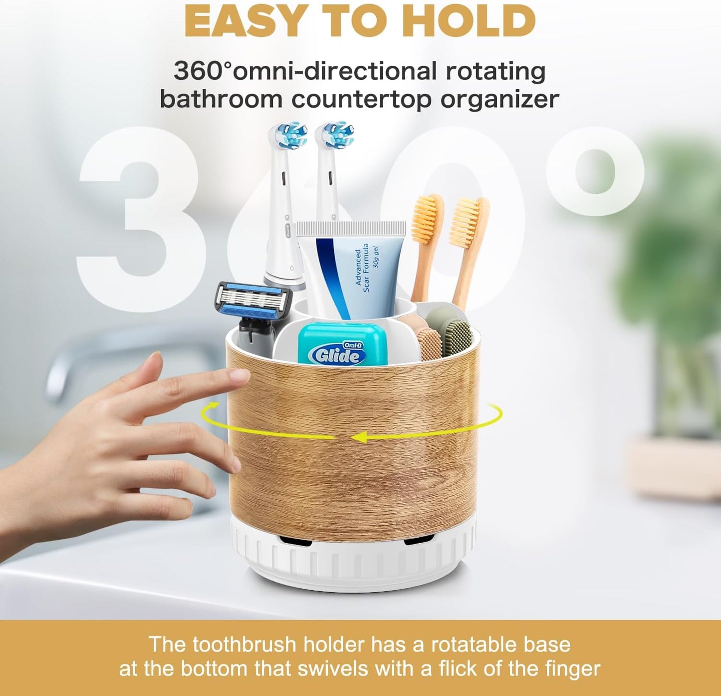 Wood Toothbrush Holders Organizers - Rotating Detachable 6 Slots Electric Toothbrush and Toothpaste Holde for Bathroom Accessories Organization Counter Vanity Sink Storage
