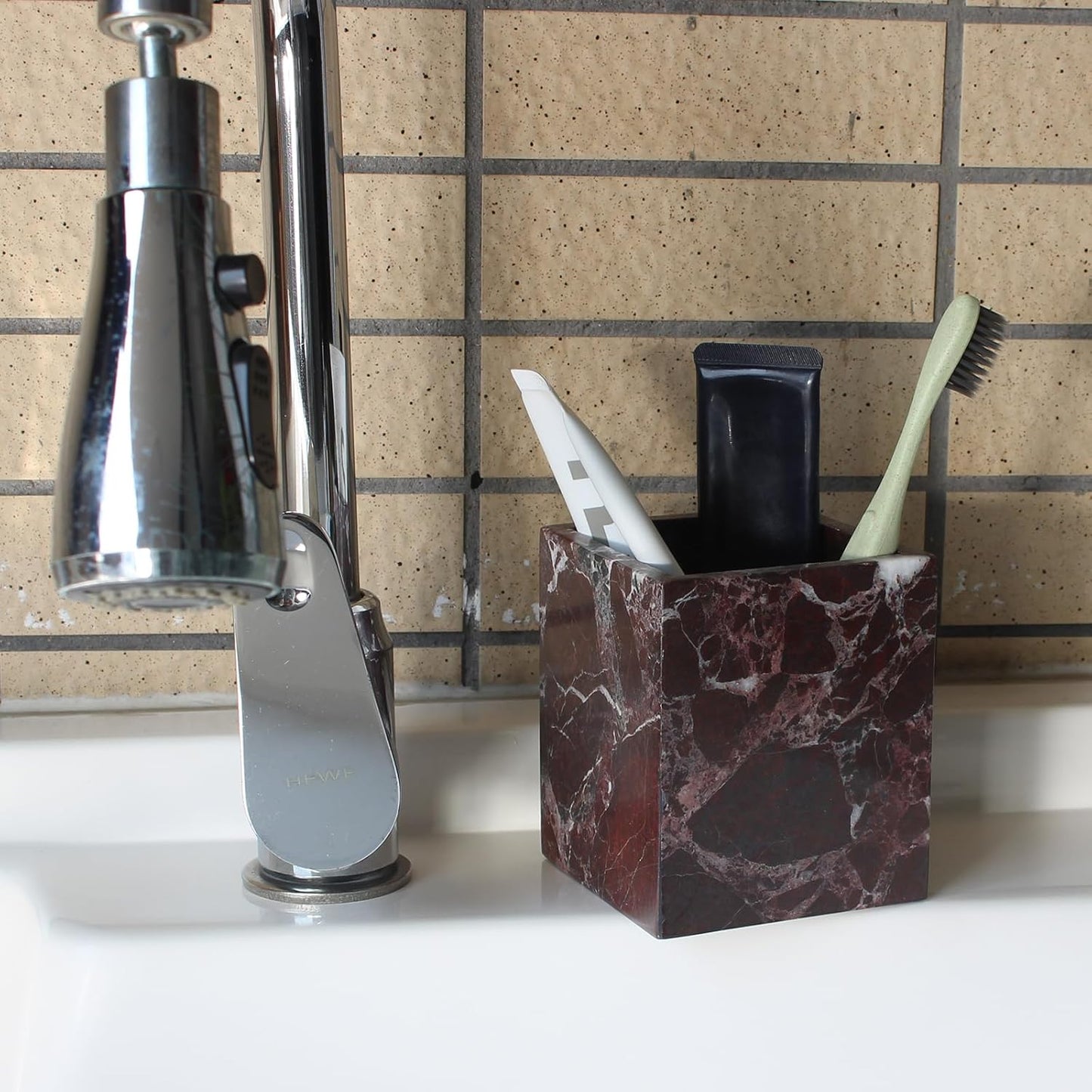 Natural Rosso Levanto Marble Square Storage Container for Toothbrush/Makeup Brush/Pens, Countertop Organizer Bathroom