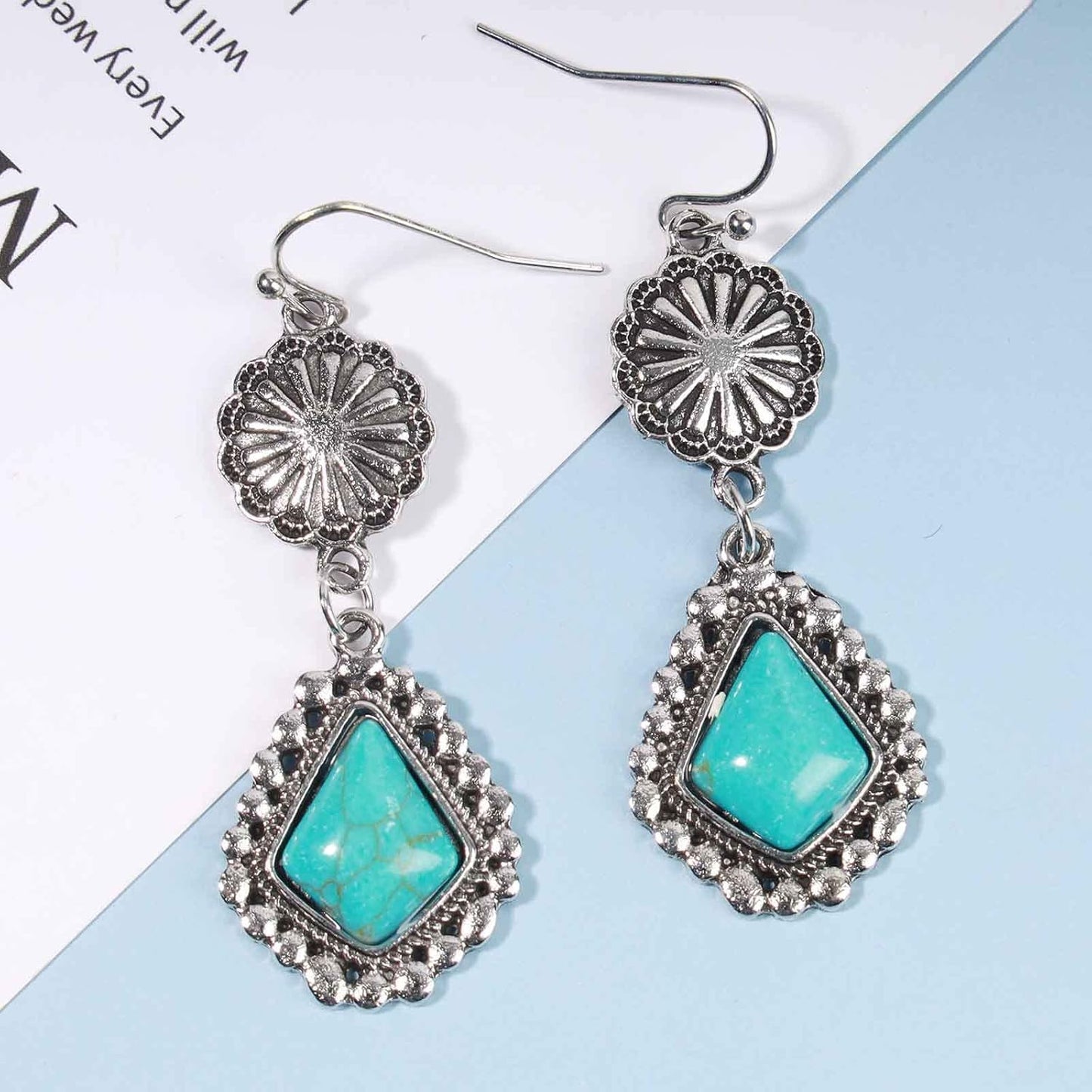 Boho Oval Turquoise Earrings Silver Circle Dangle Drop Earrings Vintage Flower Earrings Tribal Earrings Jewelry for Women and Girls
