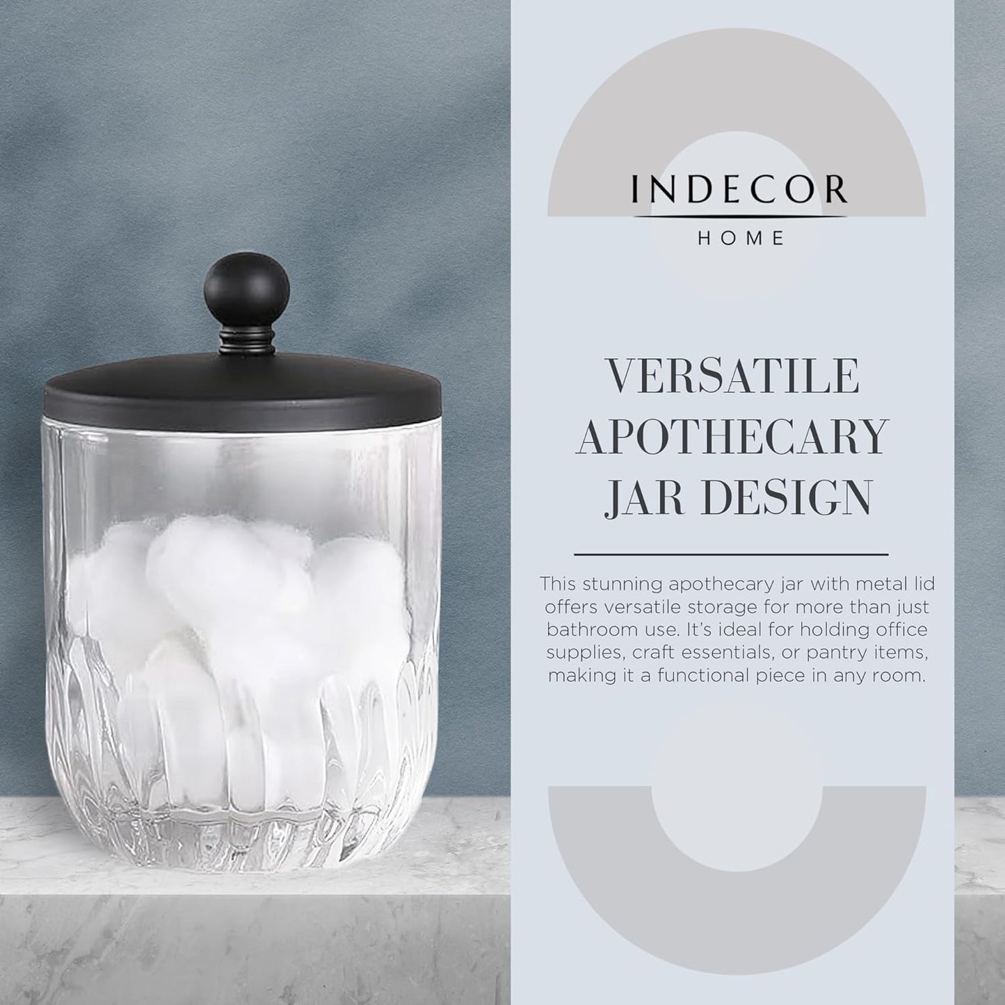 Glass Jar with Metal Lid for Bathroom Organization, Clear Apothecary Jar for Cotton Balls, Q Tips, and Small Accessories, Stylish Bathroom Storage Container Black