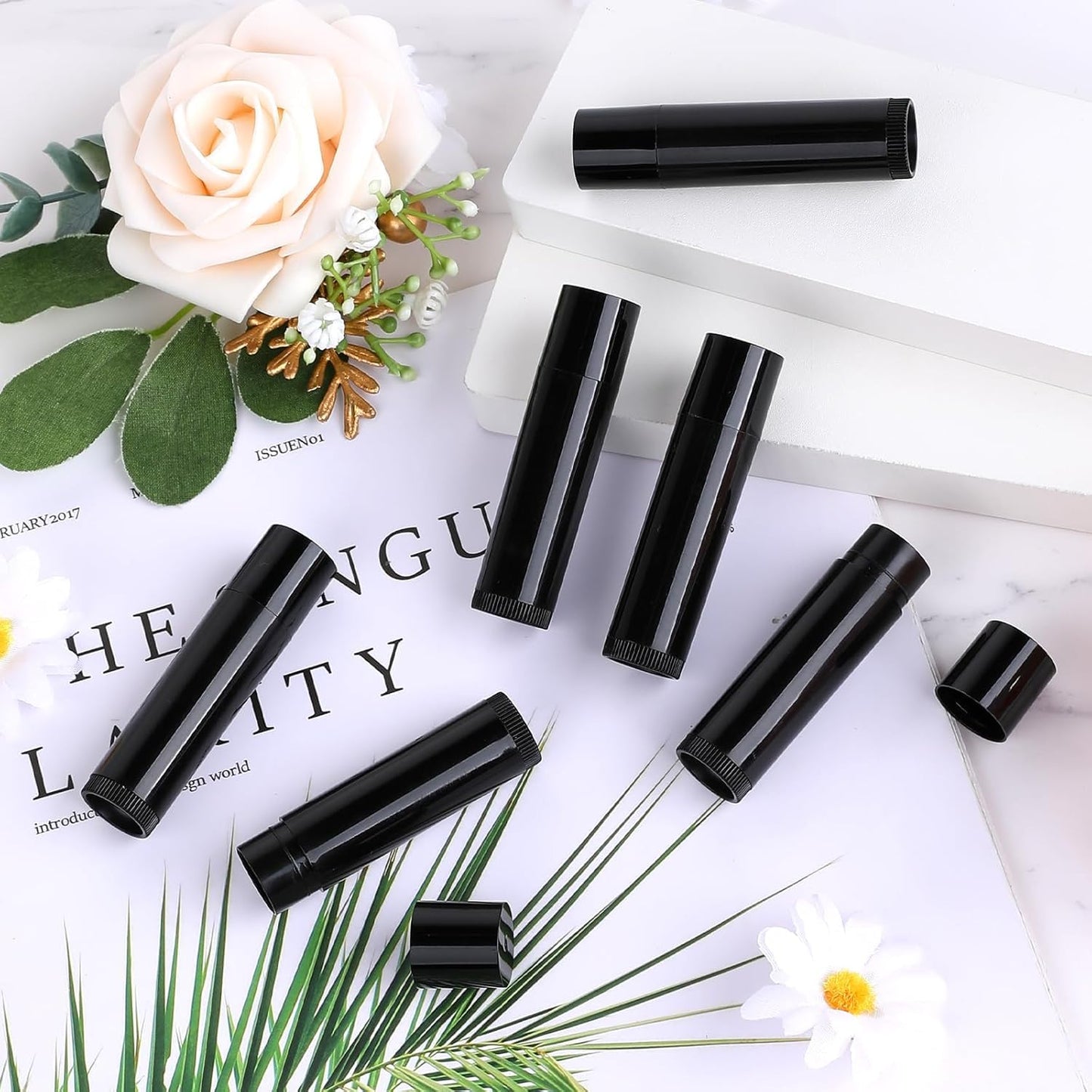 100Pack Plastic Lip Balm Tubes 5ml/5g Black Lip Balm Containers, Chapstick Tubes Empty with Filling Tray and Spatula, Rotating Type Refill Lip with Cap for DIY