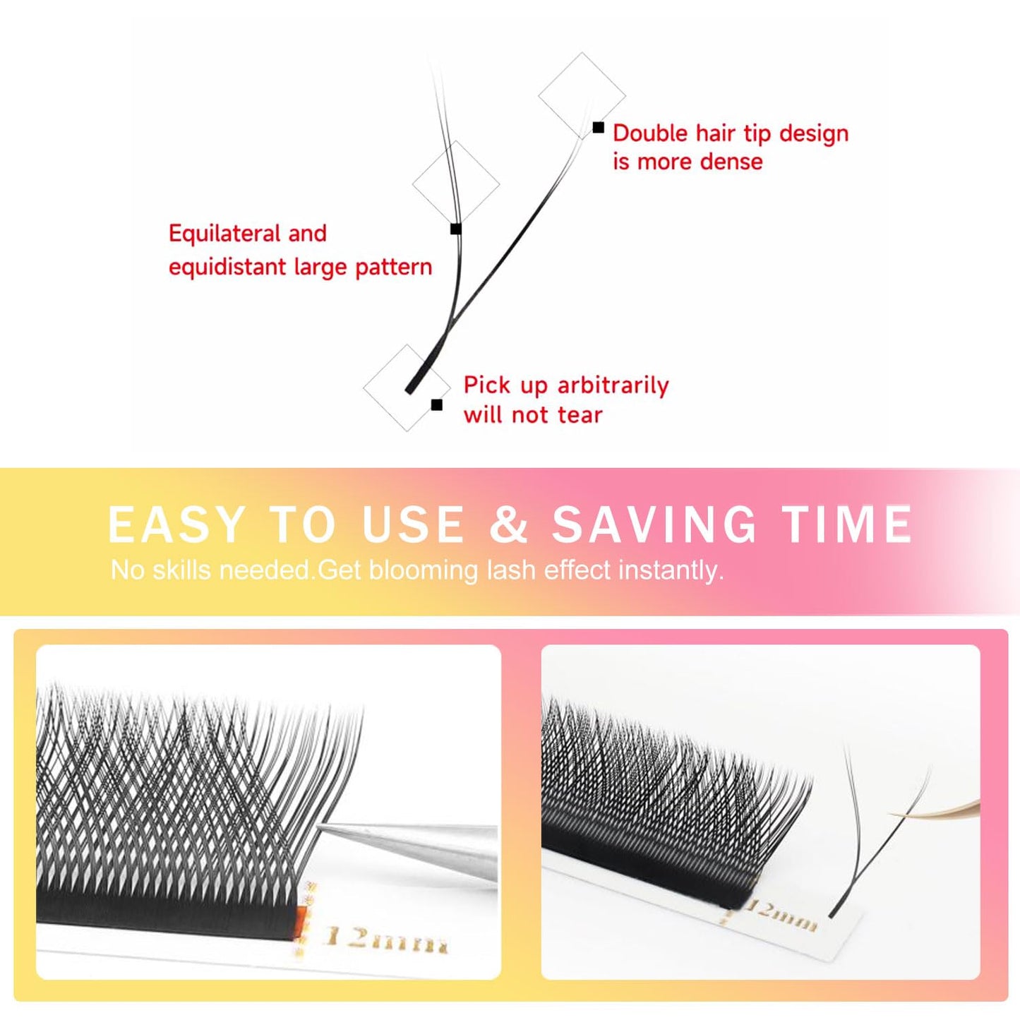 YY Lash Extensions Supplies Y Eyelash Extensions 0.05mm Thickness D Curl 9mm Premade Fans 4D Russian Volume Matte Black 12 Rows Crisscross Eye Lashes(YY-0.05-D,9mm)