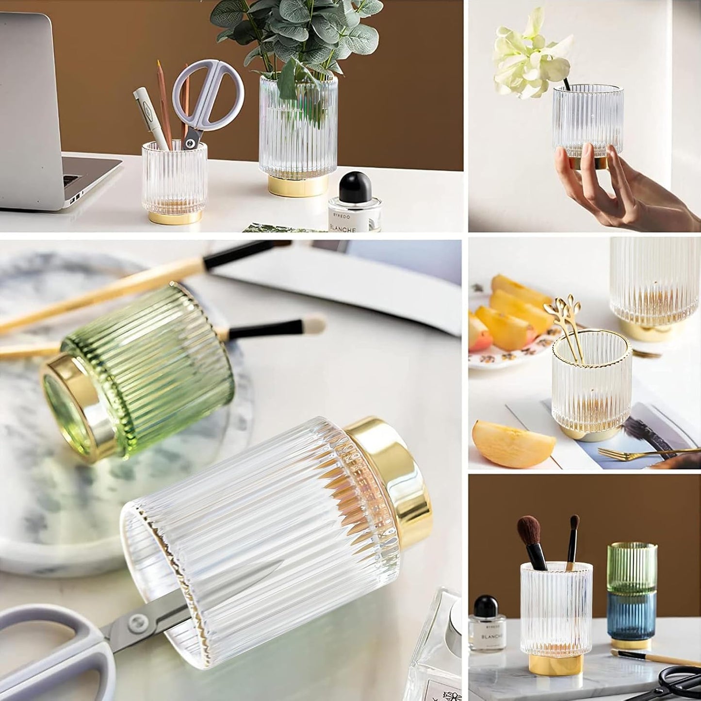 DASITON Makeup Brush holder Organizer,Crystal Cosmetic Makeup Brush Glass Brushes Storage Holder, Vintage Make Up Brush Cup Pen Pencil Holder striped vase(Clear S)