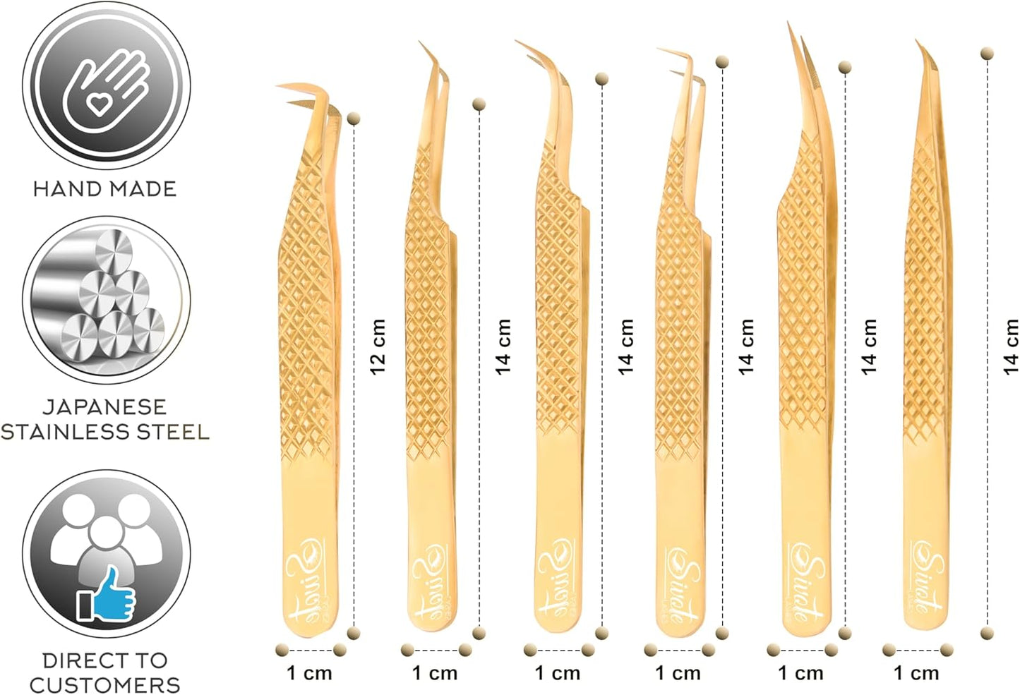 SIVOTE Eyelash Extension Tweezers Fiber Tips Japanese Steel, Set of 6, Curved, Dolphin, 90 Degree 45 Degree, Volume Boot & Slight Curved Tweezer, Gold