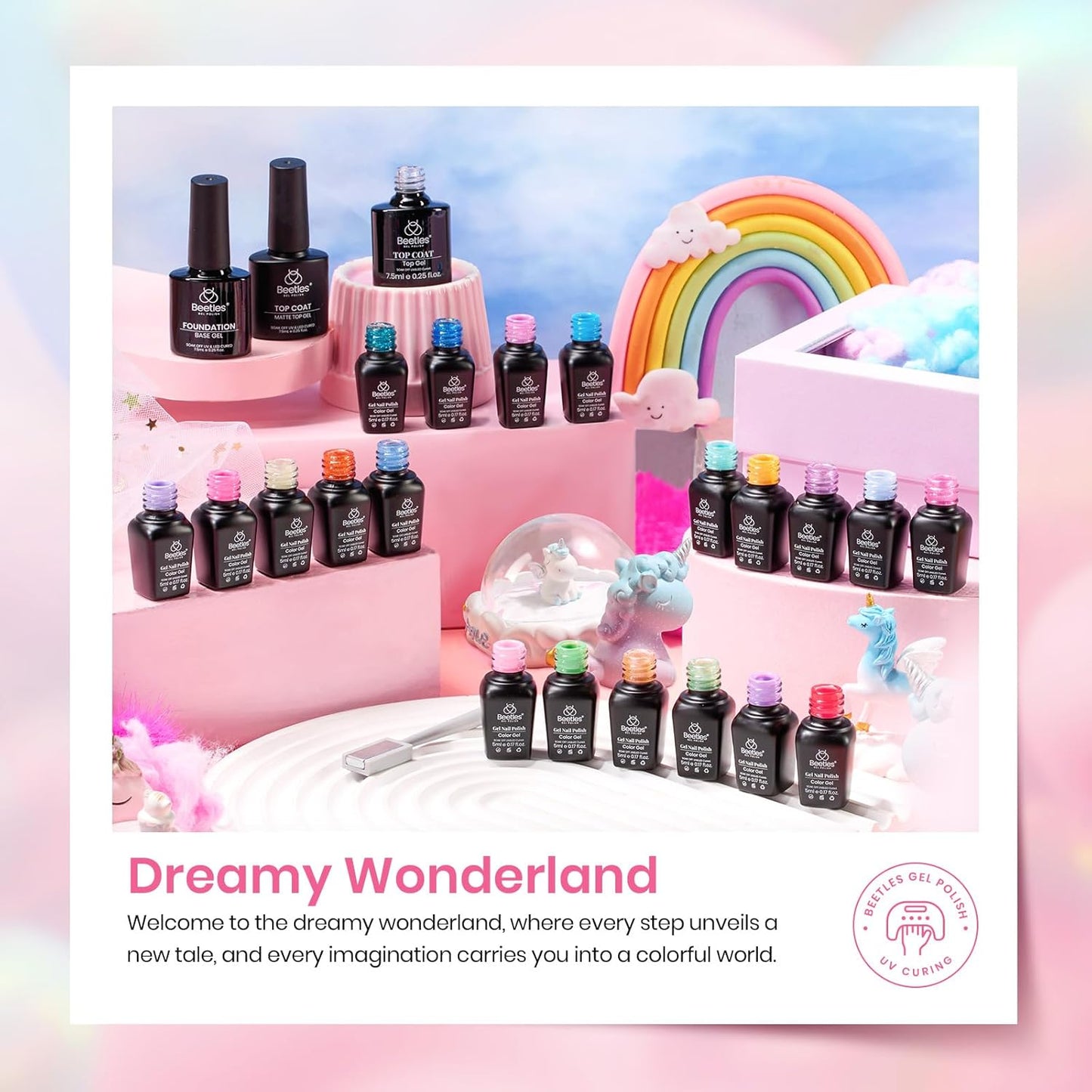 Beetles Gel Nail Polish Set, 24 Pcs 20 Colors Rainbow Pastel Neon Cat Eye Pink Purple Glitter Red Green Gel Nail Polish Kit Soak Off UV with Base Coat Top Coat Gift for Women Dreamy Wonderland