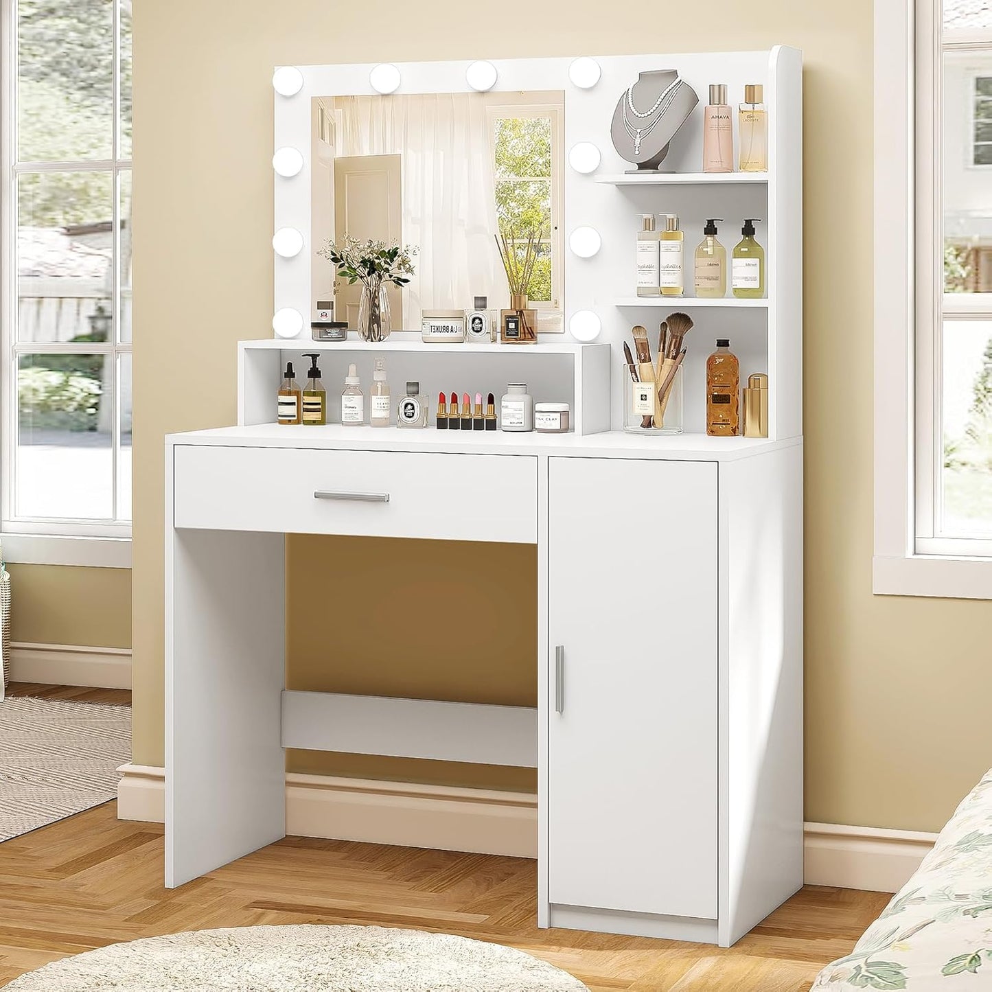 Quimoo Makeup Vanity Desk with Mirror & Lights, Vanity Desk with 5 Drawers & Storage Shelves, Vanity Table, 3 Color Modes & Adjustable Brightness Dressing Table, Bedroom, White