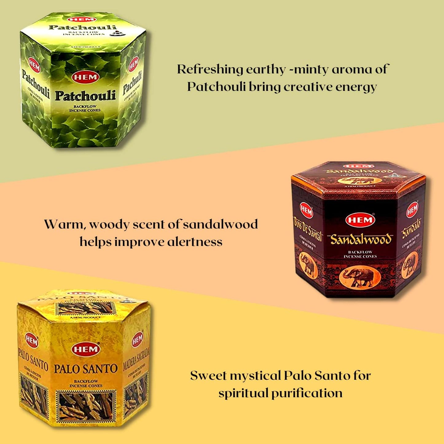 Hem Backflow Incense Cones Variety - Large Pack 240 Cones + 6 Type| Palo Santo, Lavender, Sandalwood, White sage, Patchouli & Dragons Blood