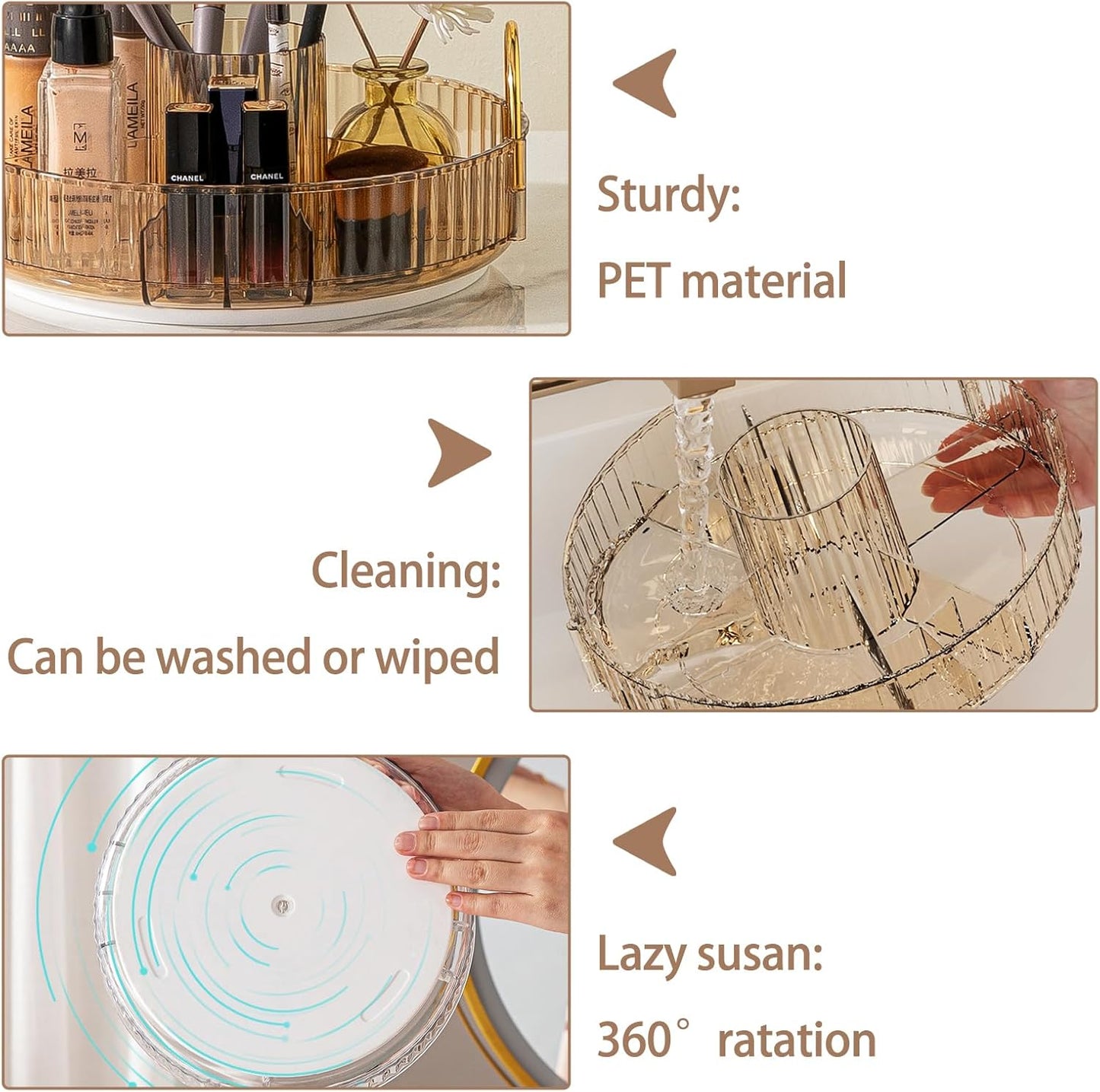 Rotating Makeup Organizer for Vanity, High-Capacity Skincare Clear Make Up Storage Perfume Organizers Cosmetic Dresser Organizer Countertop 360 Spinning (Gold, New-3 Tier)