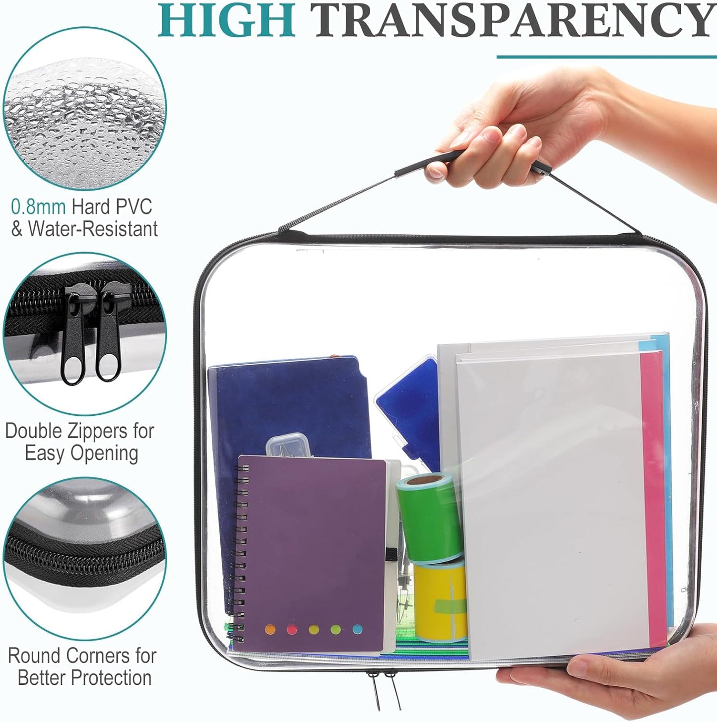 Sanwuta 4 Pcs Clear Hard Zipper Case with Handle Office Storage Cases Hard Plastic Pouches Transparent Bins for Crafts, Pencils, Snacks, Cosmetics, Puzzles(13.8 x 11.8 x 2 Inches,Black)