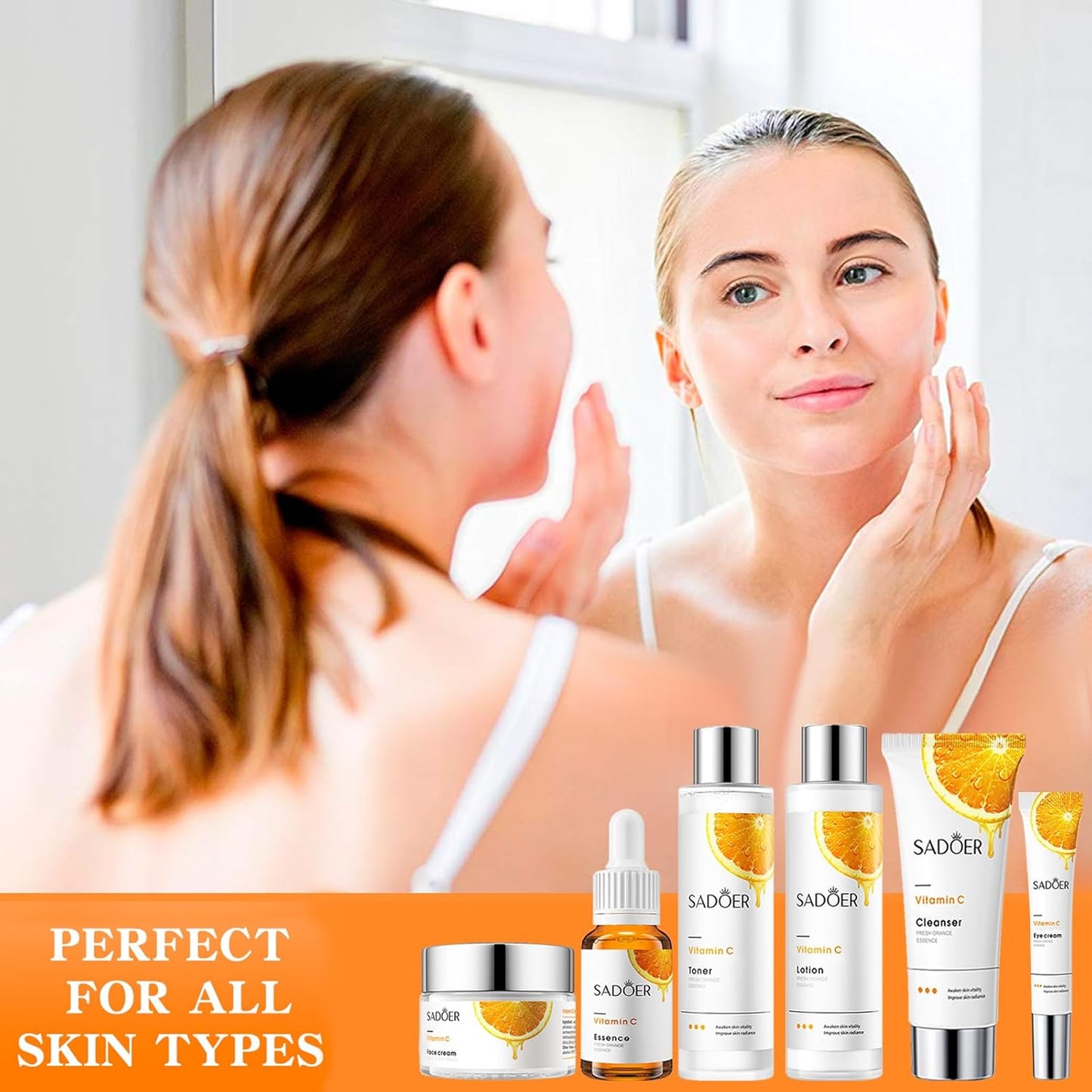 Vitamin C Daily Skin Care Set Daily Moisturizing & Nourishing Fresh Orange Essence Skin Care Set Vitamin Essence Six-piece Set