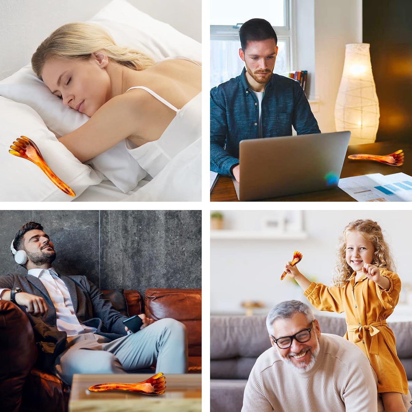 Scalp Massage Tools, 2-Pieces Head Scratcher Massager Whisk, Gift for Mother, Sister,Kids and Lover, Portable Resin SPA Tools with a Black Zippered Bag(Amber)