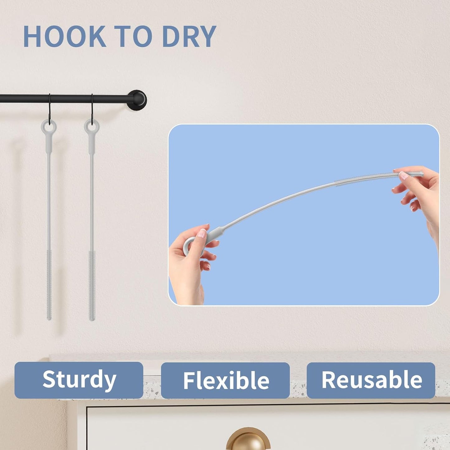 Reusable Silicone Straw Cleaner Brush Set, 2-Pack Extra Long Straw Cleaning Brush for Metal/Glass/Water Bottle/Drinking Straws, Flexible&Bendable Design, Dishwasher Safe, 6mm & 8mm Diameter