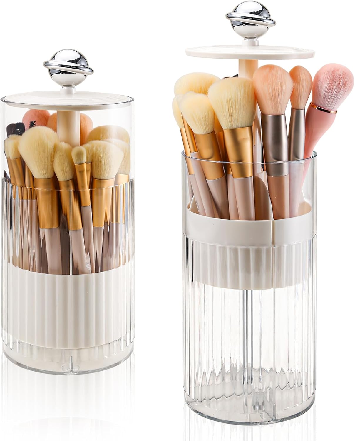 DASITON Makeup Brush Holder with Lid, Automatic Lifting Makeup Organizer for Vanity, 4 Slots Clear Makeup Brush Organizer, Dustproof Cosmetic Brushes Storage for Bathroom, Desktop, Office (Cream)