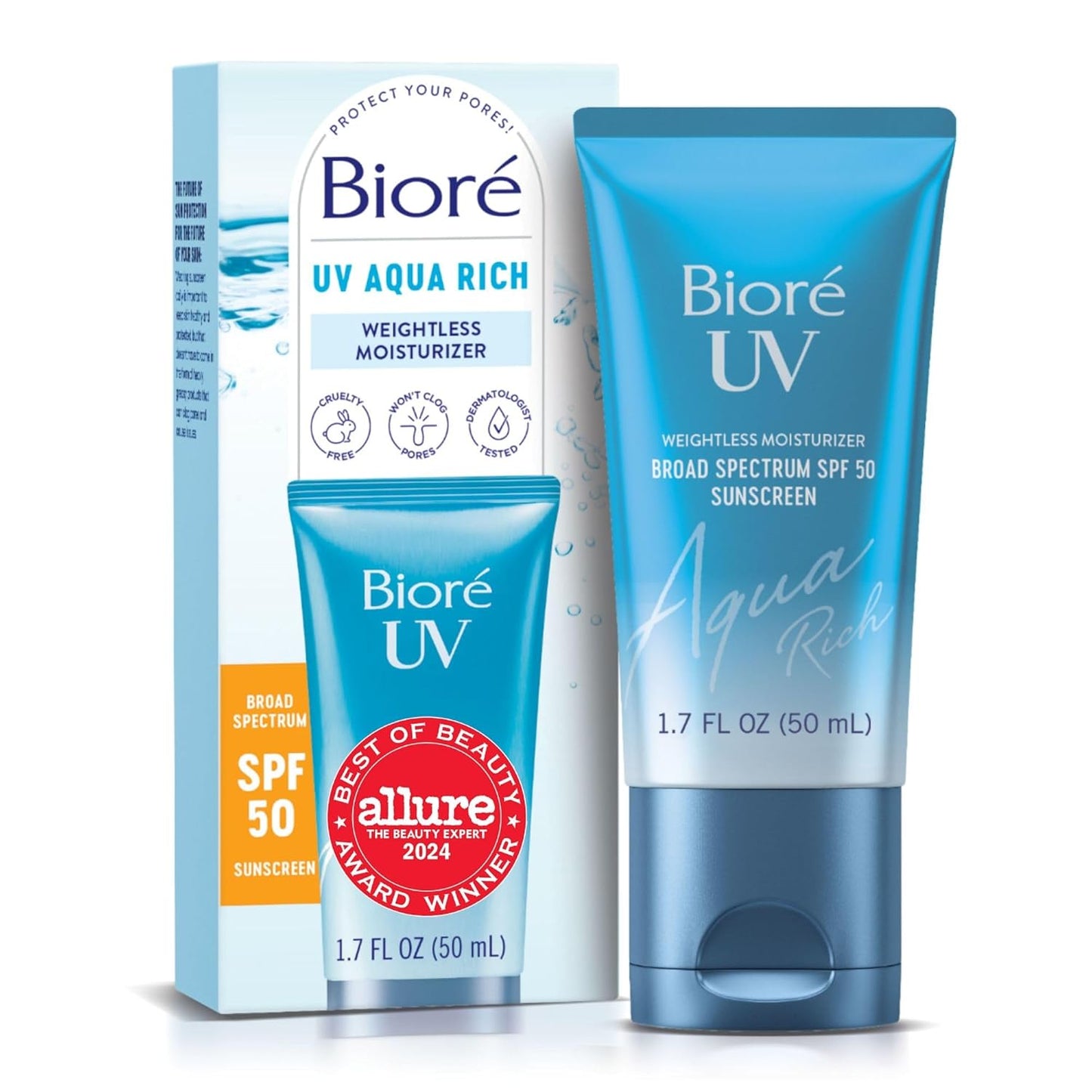 Bioré UV Aqua Rich Daily Hydrating Facial Moisturizer with SPF 50 | Oil Free Sunscreen & Primer for Makeup with Hyaluronic Acid, No White Cast, Non-Comedogenic, For Sensitive Skin, PA++++, 1.7 Oz