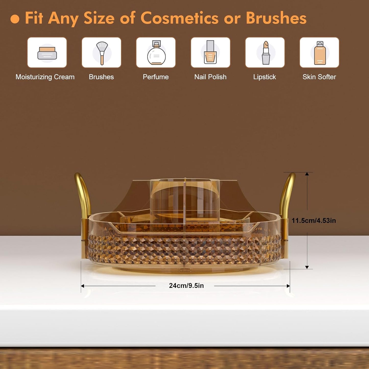 Awenia Rotating Makeup Organizer 360, Stackable Adjustable Large Capacity Cosmetic Storage Unit,Dresser Bathroom Kitchen Countertop Organizer with Metal Handle, Plus Size (Honorable Gold, 1 Tier)