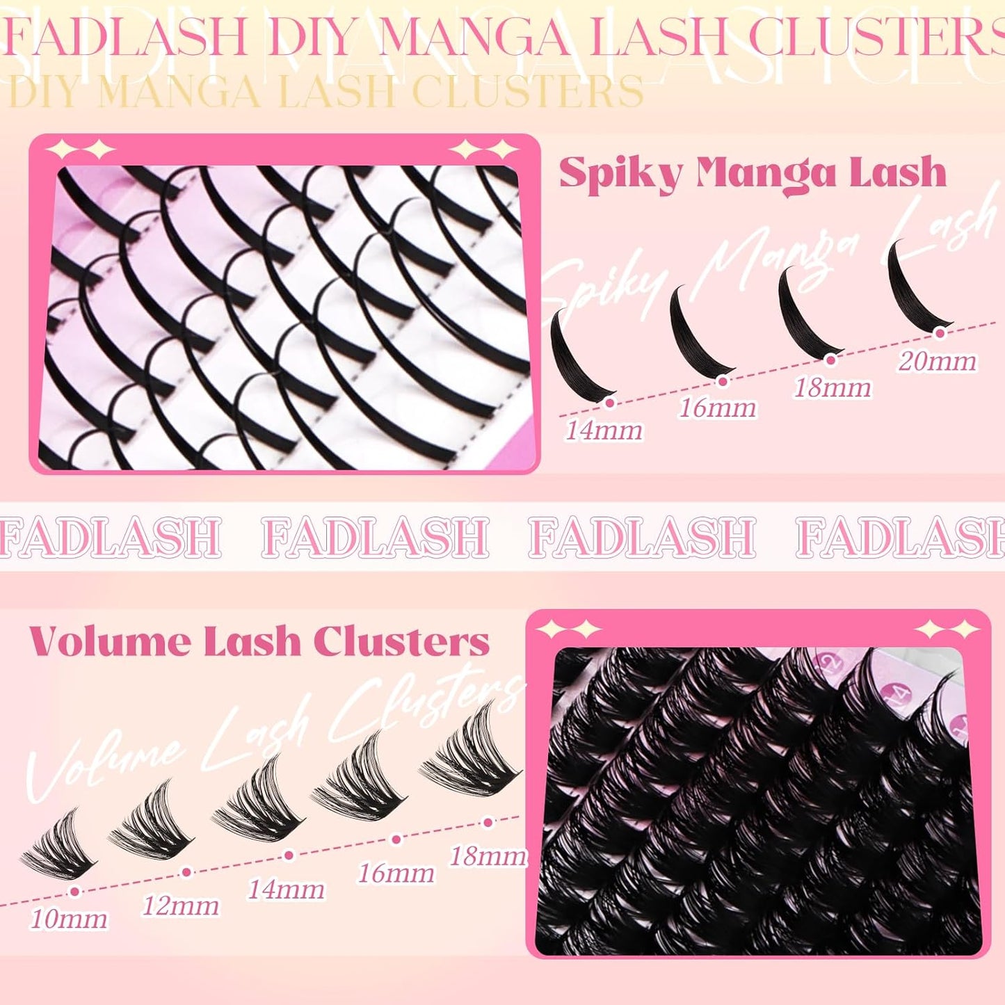 Lash Clusters 80D Eyelash Clusters 10-18mm Spikes 14-20mm Thick Volum Manga Lashes with D Curl DIY Fairy Lash Clusters with Spikes by FADLASH