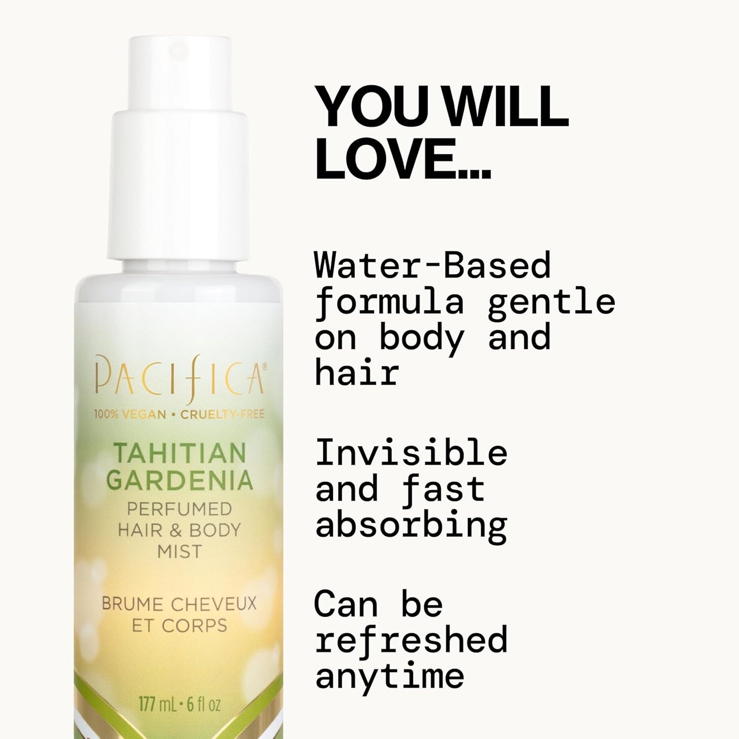 Pacifica Tahitian Gardenia Perfumed Hair & Body Mist, Alcohol-Free Spray Designed For Head-To-Toe Wear, Vegan & Cruelty-Free, 6 Fl Oz