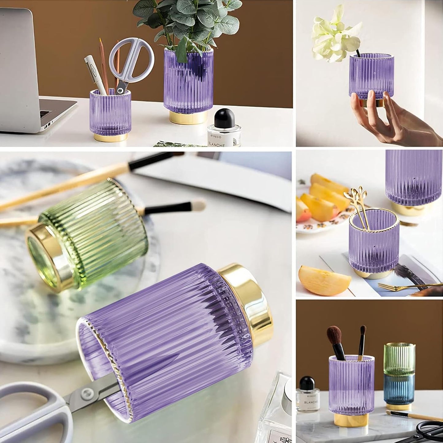 DASITON Makeup Brush holder Organizer,Crystal Cosmetic Makeup Brush Glass Brushes Storage Holder, Vintage Make Up Brush Cup Pen Pencil Holder striped vase(Purple L)