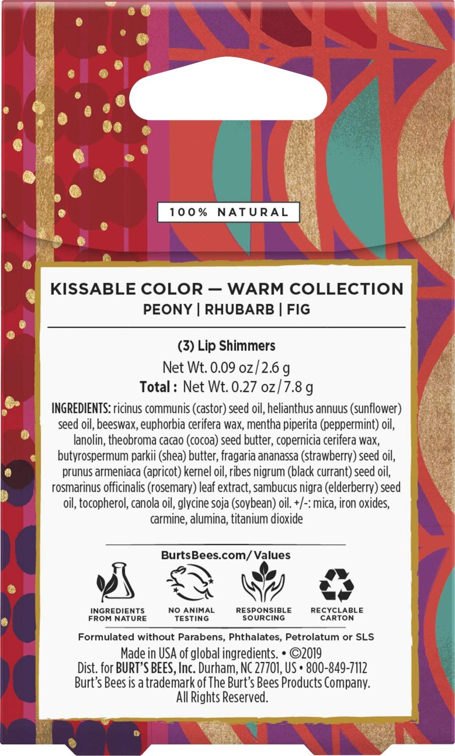 Burt's Bees Kissable Color Holiday Gift Set, 3 Lip Shimmers in Gift Box, Warm Collection in Peony, Fig & Rhubarb