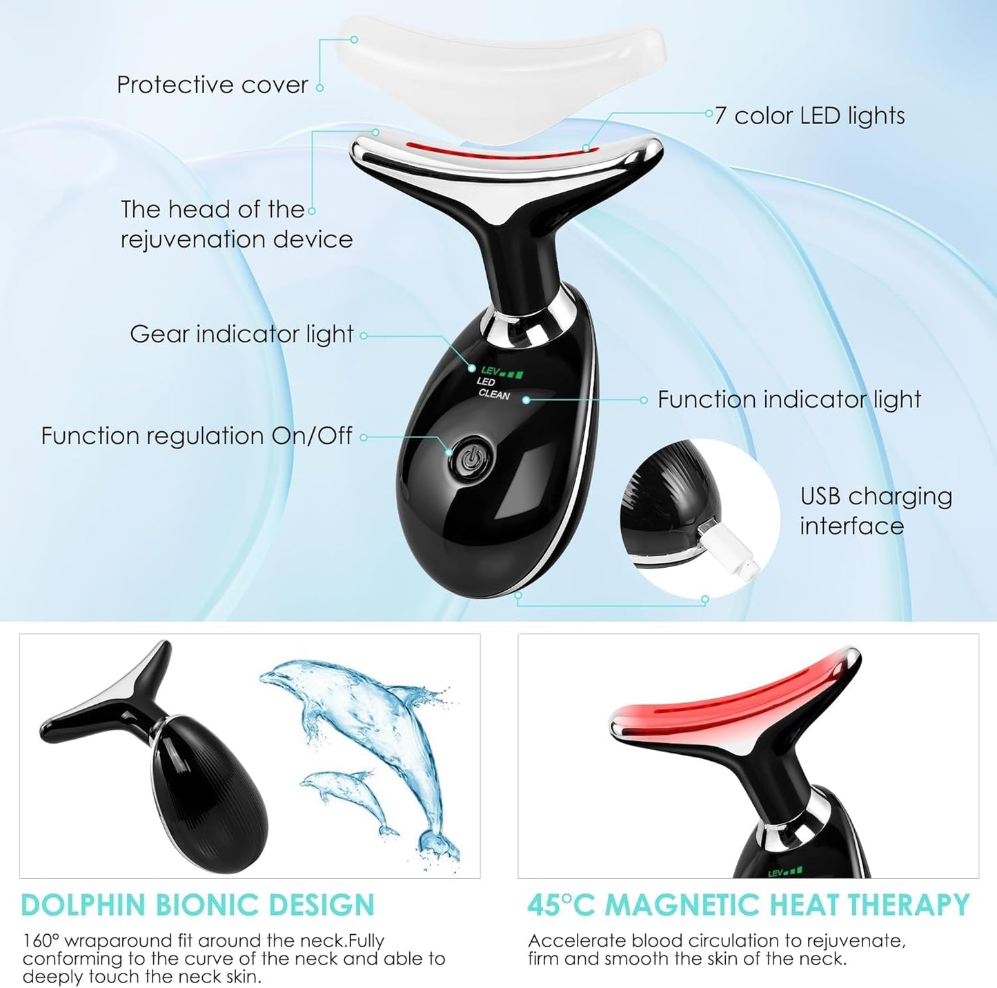 Facial Massager Red-Light-Therapy-for-Face and Neck, Face 𝖲 culpting Wand with 7 Color (Bright Black)