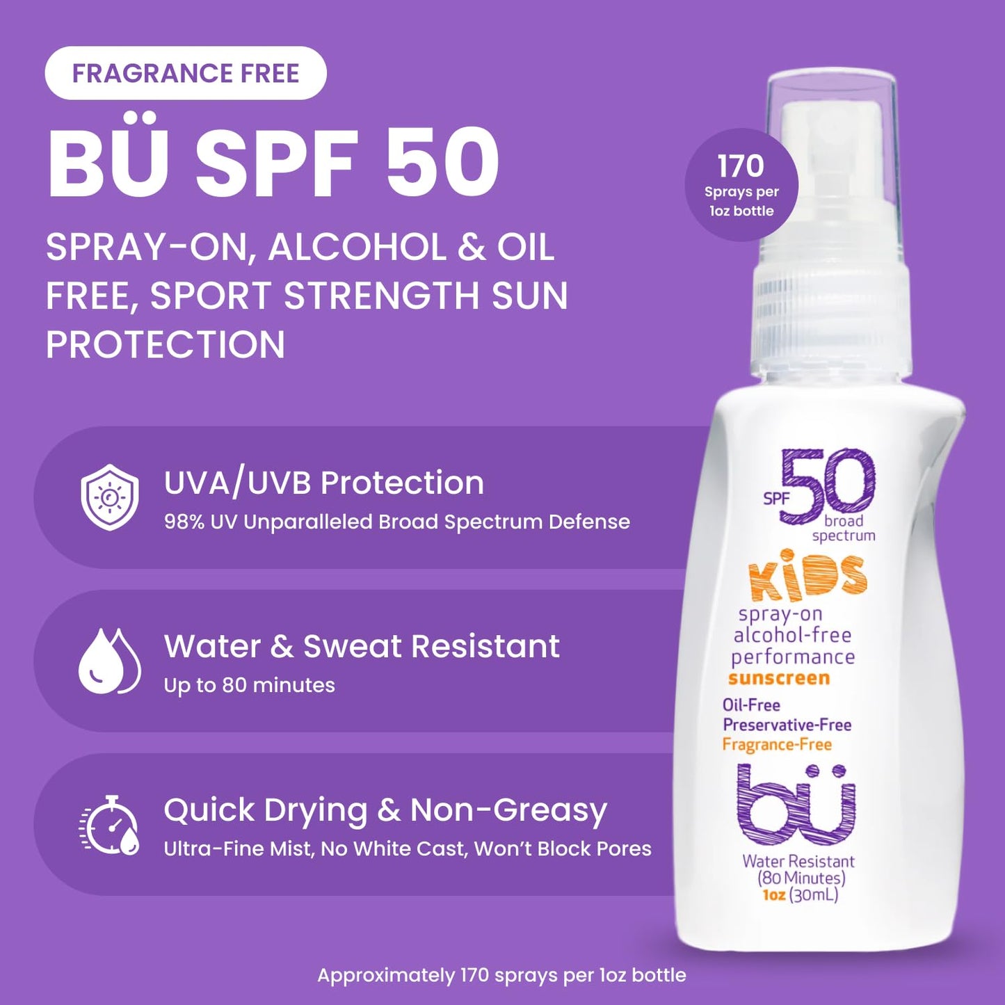 BU SPF 50 Kids Sunscreen Spray for Face and Body, Non Aerosol Spray, TSA Travel Size Sunscreen, Clear, Non Greasy, Water Resistant, Oil Free, Fragrance Free 1 oz
