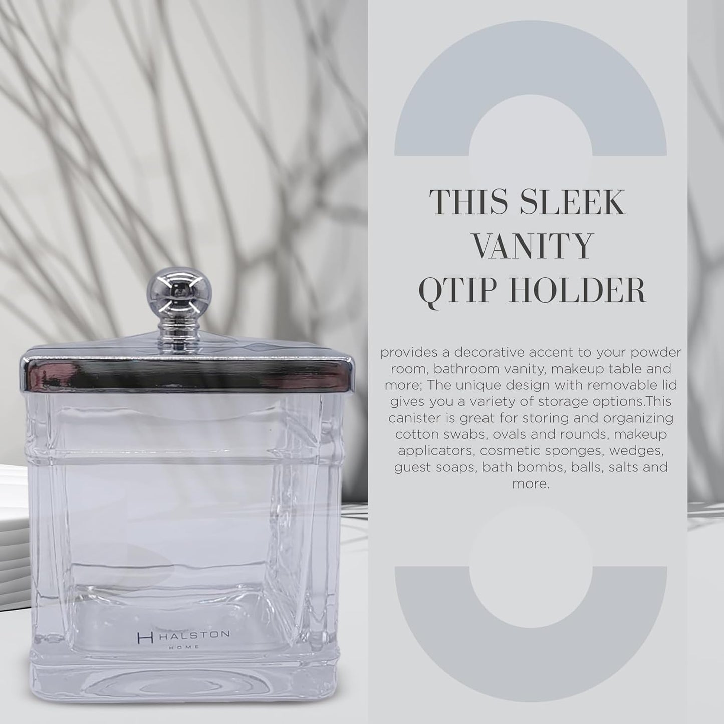 Apothecary Glass Cotton Jar Holder Silver Stainless Steel Lid, Elegant Bathroom Storage Canister for Qtips, Cotton Balls, Floss, Makeup Organizer, Vanity Bathroom Organization